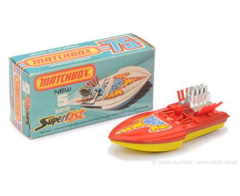 Matchbox Superfast 5b Seafire Power Boat - darker shade red deck with RARE LEMON YELLOW PLASTIC HULL &amp; BASE, red plastic 