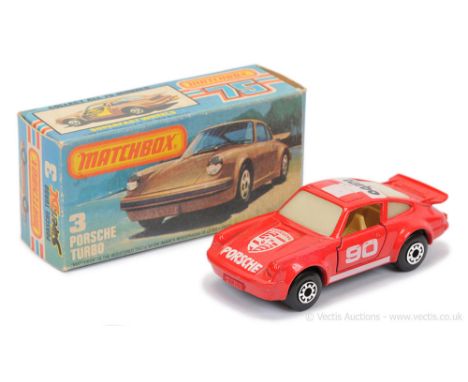 Matchbox Superfast 3c Porsche 911/930 Turbo - lighter shade red body with black &amp; white racing number 90 Tampo Print, GLO