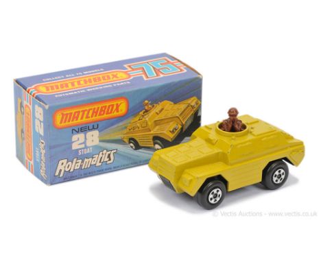 Matchbox Superfast 28b Stoat Armoured Car MADE IN BRAZIL ISSUE - dull mustard yellow body, gloss black base with Pat App numb
