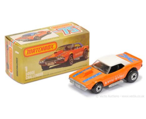 Matchbox Superfast 1d Dodge Challenger Revin' Rebel Dragster - orange body with blue &amp; white tampo print, white plastic r