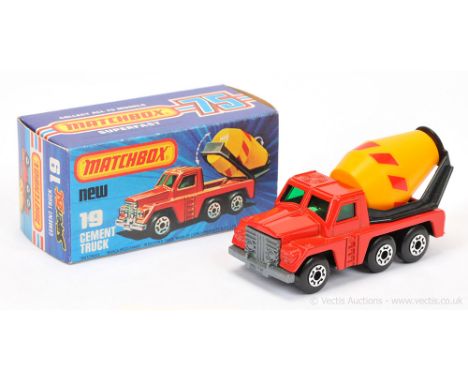 Matchbox Superfast 19c Cement Truck - bright red body with 4-rung cab ladders, dark green windows, dark yellow plastic barrel