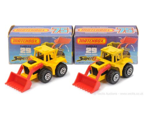 Matchbox Superfast 2 x 29c Tractor Shovel - both are yellow body, black interior, red plastic shovel, lemon yellow plastic ba