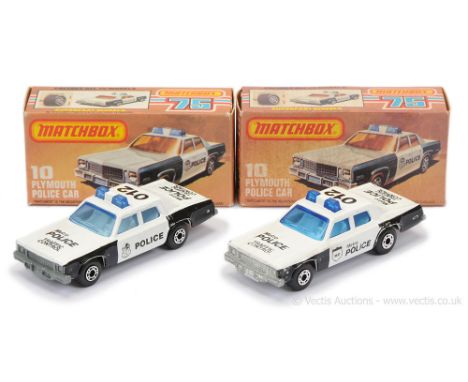 Matchbox Superfast 2 x 10c Plymouth Gran Fury Police Car - both are black &amp; white body with Metro Police Traffic Control 