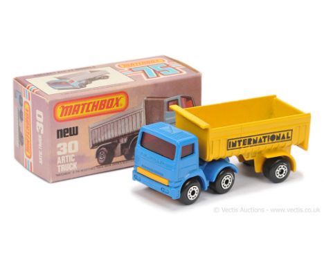Matchbox Superfast 30d Leyland Articulated Truck - blue tractor unit, red windows, dark yellow plastic grille &amp; base with