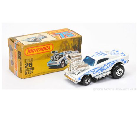 Matchbox Superfast 26d Cosmic Blues Dragster - white body with blue tampo print, light blue windows, gloss black China base, 