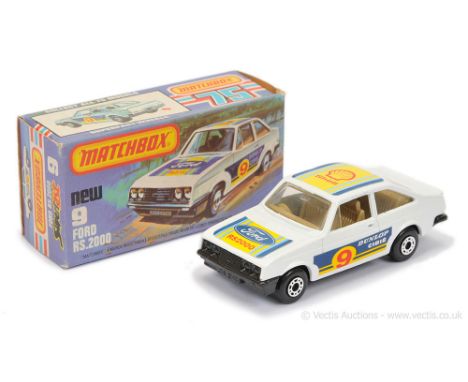 Matchbox Superfast 9c Ford Escort RS2000 - white body with racing number 9 labels, clear windows, dark tan interior, METALLIC