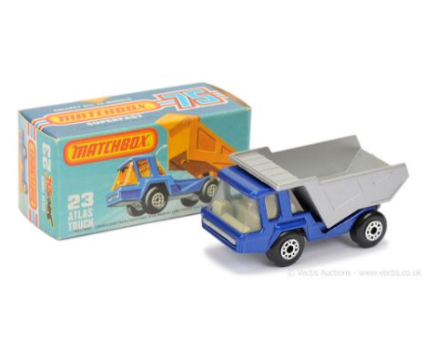 Matchbox Superfast 23b Atlas Tipper Truck - metallic dark blue cab &amp; chassis, rare metallic silver tipper body, clear win