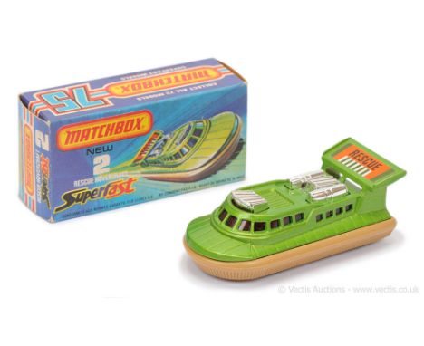 Matchbox Superfast 2c Rescue Hovercraft - metallic jade green body, chrome engine, RARE RED WINDOWS, light tan plastic skirt 