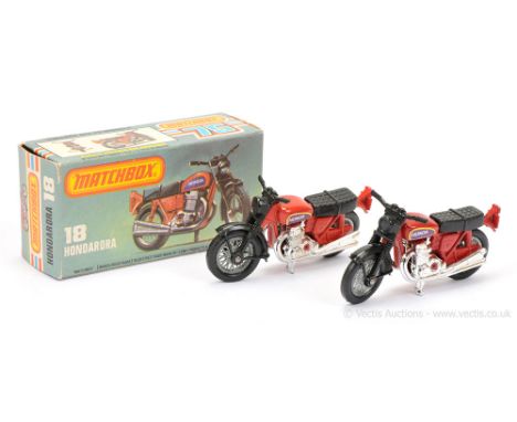 Matchbox Superfast 2 x 18b Hondarora Honda CB750 Motorcycle - both are black plastic front forks &amp; seat, chrome engine, w