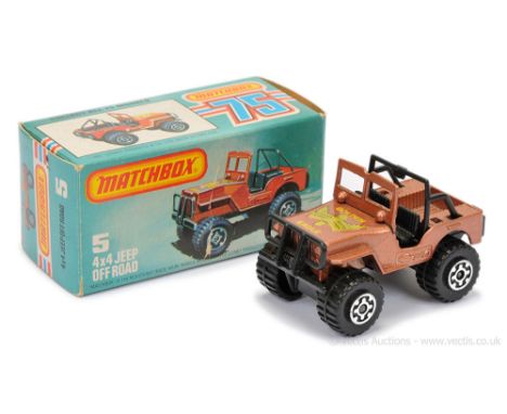 Matchbox Superfast 5d Golden Eagle 4x4 Jeep Off-Road - metallic copper body with hood Tampo Print, black interior, GLOSS BLAC