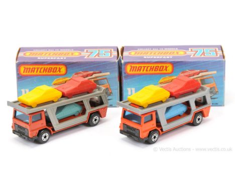 Matchbox Superfast 2 x 11c Bedford Car Transporter - both are dark blue windows, silver-grey plastic upper deck &amp; frame, 