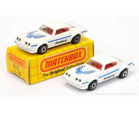 Matchbox Superfast 2 x 16b Pontiac Firebird - both are white body with blue &amp; black tampo print, clear windows (1) lighte