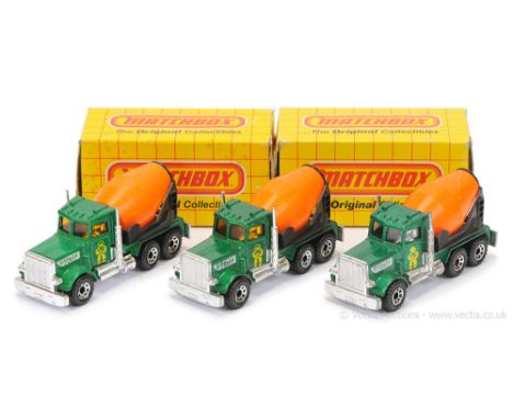 Matchbox Superfast 3 x 19d Peterbilt Cement Truck made in Macau transitional issues - all are metallic emerald green body (sh