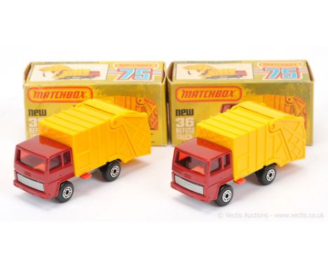 Matchbox Superfast 2 x 36d Refuse Truck - both are metallic red cab &amp; chassis, red windows, dark yellow container body wi