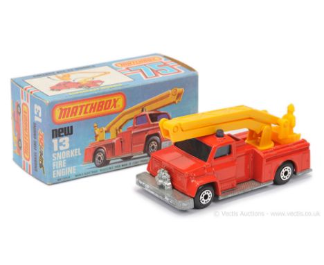 Matchbox Superfast 13c Snorkel Fire Engine - bright red body, dark yellow plastic hoist &amp; platform, light blue windows, b