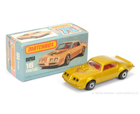 Matchbox Superfast 16b Pontiac Firebird - metallic yellow-gold body with hood Eagle tampo print, clear windows, red interior,