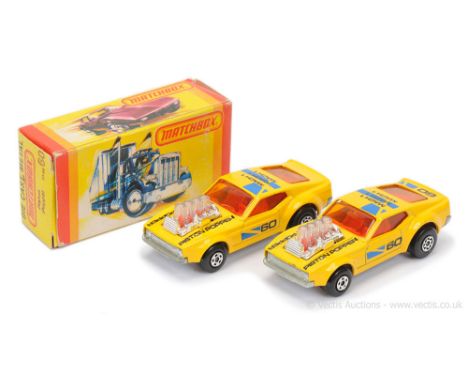 Matchbox Superfast 2 x 10b Ford Mustang Piston Popper - both are yellow body with black &amp; blue racing number 60 Tampo Pri