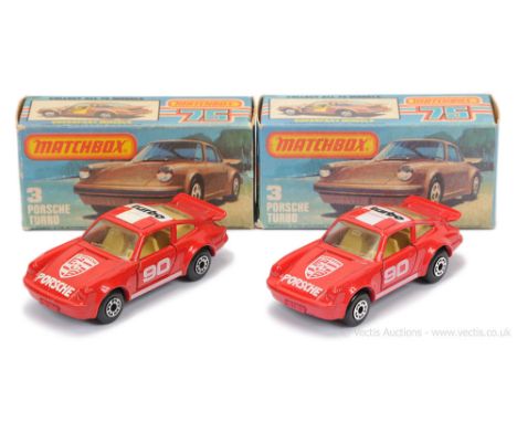 Matchbox Superfast 2 x 3c Porsche 911/930 Turbo - both are red body with black &amp; white racing number 90 Tampo Print, clea