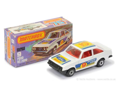 Matchbox Superfast 9c Ford Escort RS2000 - white body with racing number 9 labels, clear windows, RARE RED INTERIOR WITHOUT T