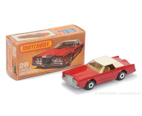 Matchbox Superfast 28c Lincoln Continental - RARE DARK RUBY RED BODY, white plastic roof, clear windows, darker tan interior,