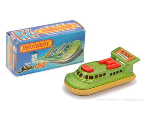 Matchbox Superfast 2c Rescue Hovercraft - metallic jade green body, red engine, dark amber windows, light tan plastic skirt &