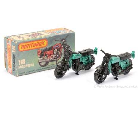 Matchbox Superfast 2 x 18b Hondarora Honda CB750 Motorcycle - both are metallic green frame, black, plastic parts, black plas
