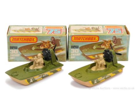 Matchbox Superfast 2 x 30c Swamp Rat Air Boat - (1) darker shade military green deck, light tan plastic base; (2) lighter sha