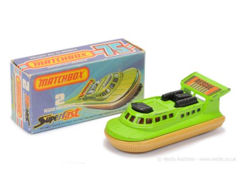 Matchbox Superfast 2c Rescue Hovercraft MADE IN BRAZIL ISSUE - lime green body, black engine, dark amber windows, light tan p