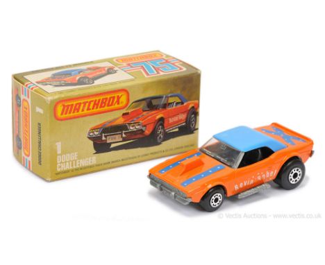 Matchbox Superfast 1d Dodge Challenger Revin' Rebel Dragster - orange body with blue &amp; white tampo print, blue plastic ro