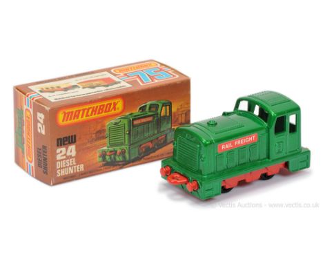 Matchbox Superfast 24c Diesel Shunter - metallic emerald green body with "Rail Freight" labels, tan interior, red chassis - M