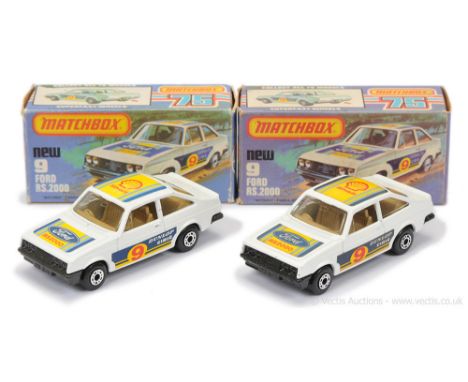 Matchbox Superfast 2 x 9c Ford Escort RS2000 - both are white body with racing number 9 labels, clear windows, dark tan inter