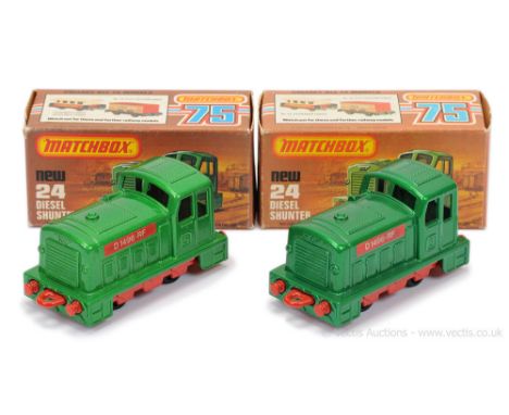 Matchbox Superfast 2 x 24c Diesel Shunter - both are metallic emerald green body with "D1496-R-F" labels, tan interior, red c