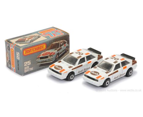Matchbox Superfast 2 x 25d Audi Quattro - both are white body with brown &amp; burnt orange racing number 20 tampo print, cle