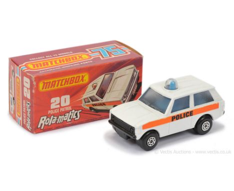 Matchbox Superfast 20b Range Rover Police Patrol - white body with small lettered orange stripe Police labels, clear frosted 