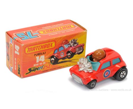 Matchbox Superfast 14b Mini Ha-Ha - RARE DULL TURQUOISE BLUE WINDOWS, flesh driver with brown helmet, bare metal base - Good 