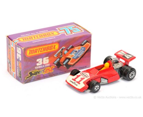 Matchbox Superfast 36c Formula 5000 Racing Car - red body with racing number 11 labels, dark yellow plastic driver, bare meta