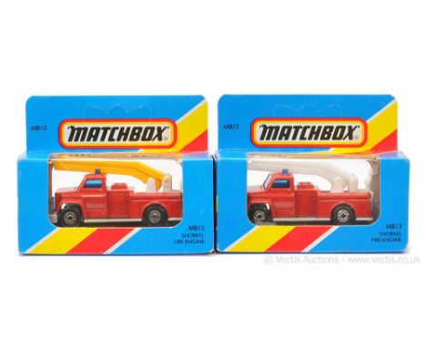 Matchbox Superfast 2 x 13c Snorkel Fire Engine - both are dark red body, dark blue windows, white plastic turntable &amp; pla
