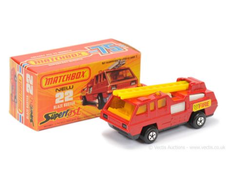 Matchbox Superfast 22c Blaze Buster Fire Engine - darker red body, lemon yellow plastic ladder, dark amber windows, white int