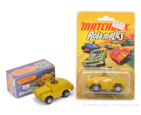 Matchbox Superfast 2 x 28b Stoat Armoured Car (1) lighter shade metallic gold body, matt black base with Pat App number - Min