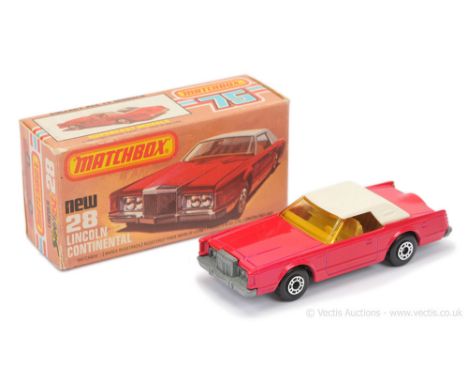 Matchbox Superfast 28c Lincoln Continental - cerise body with white plastic roof, windscreen discoloured yellow from sun UV e