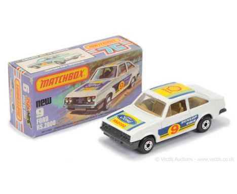 Matchbox Superfast 9c Ford Escort RS2000 - white body with racing number 9 labels, clear windows, dark tan interior, GRAPHITE