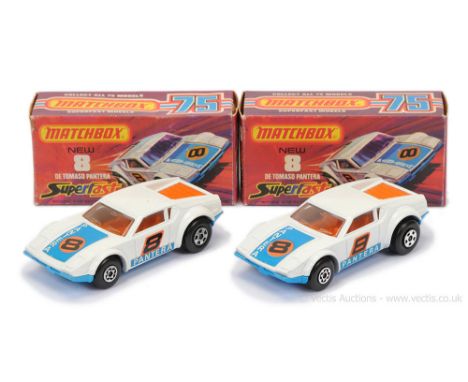 Matchbox Superfast 2 x 8c De Tomaso Pantera - both are white body with racing number 8 hood &amp; side labels, clear windows,