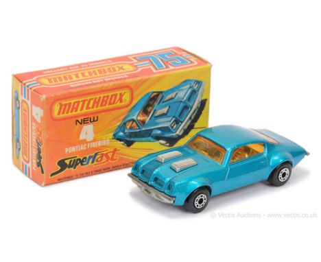 Matchbox Superfast 4c Pontiac Firebird - metallic kingfisher blue body, RARE LIGHT AMBER WINDOWS, chrome interior, bare metal