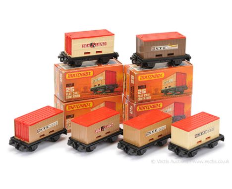 Matchbox Superfast 6 x 25c Railway Flatcar &amp; Container - all with red roof &amp; opening doors to include 4 x "N.Y.K." (1