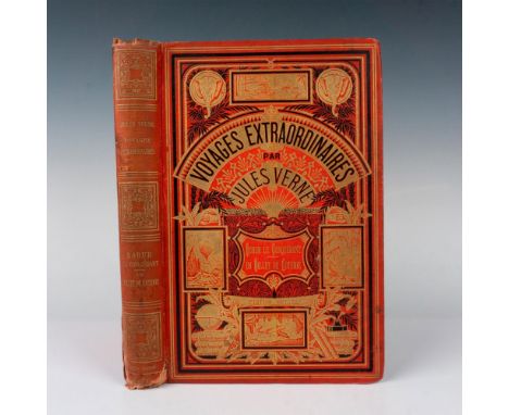 Rarely offered triple volume from Hetzel's French edition Au Deux Elephants with red cover, Voyages Extraordinaires by Jules 