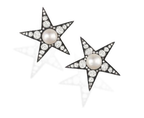 A PAIR OF PEARL AND DIAMOND EARCLIPSPREVIOUSLY TWO LATE 19TH CENTURY BROOCHES, CIRCA 1890, LATER CONVERTED INTO EARCLIPSEach 
