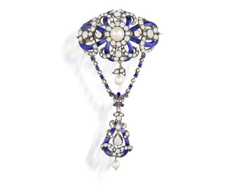 A VICTORIAN PEARL, ENAMEL AND DIAMOND DEVANT-DE-CORSAGE BROOCH, CIRCA 1850The openwork quatrefoil frame, applied with blue en