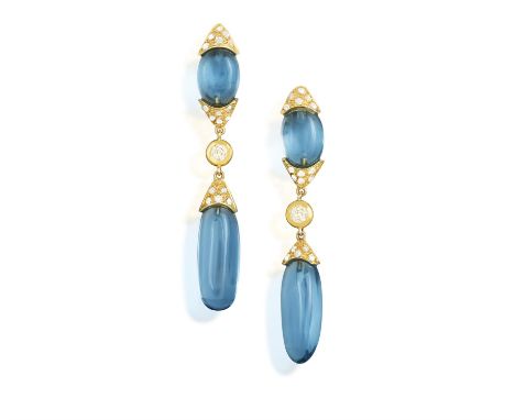 GABRI: A PAIR OF TOPAZ AND DIAMOND PENDENT EARRINGSEach set with an elongated topaz drop, with rose-cut diamond terminals and