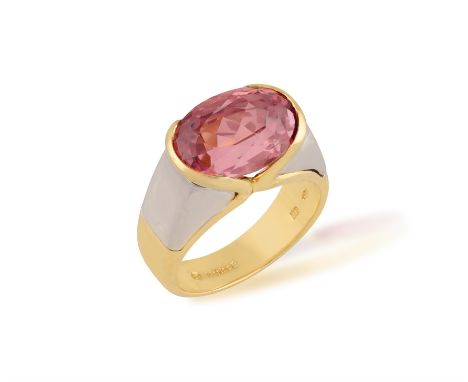 MARINA B: A TOURMALINE 'PATRIZIA' RINGHorizontally set to the bezel, the oval-shaped pink tourmaline, set within a bi-coloure