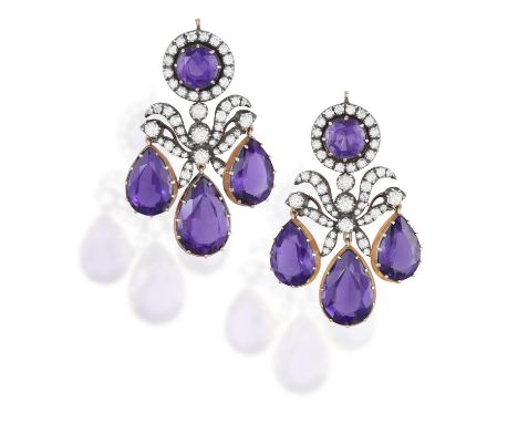 AN IMPORTANT LATE 19TH CENTURY PAIR OF AMETHYST AND DIAMOND PENDENT EARRINGSOf girandole design, each set with three pear-sha